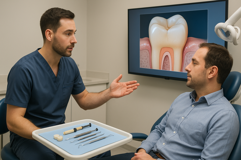 Dentist explaining preventive resin restoration as digital screen shows molar with early decay and resin materials prepared for treatment in a modern operatory
