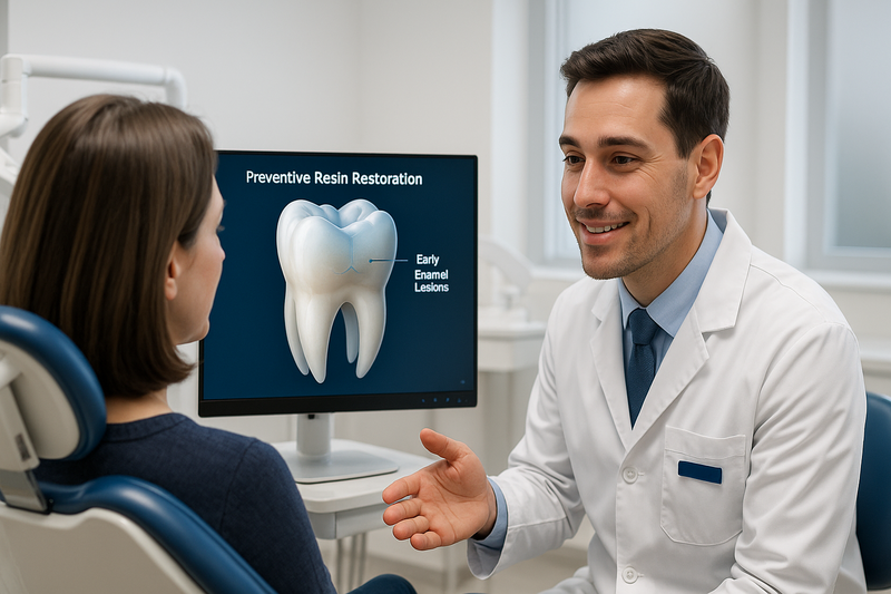 Dentist explaining preventive restoration for permanent teeth using a digital monitor with 3D molar and highlighted enamel lesions to an adult patient in a modern clinic.