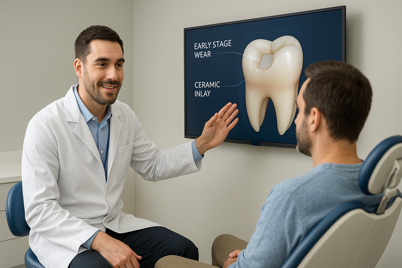 Preventive restoration dentist in Marina del Rey explaining early-stage tooth care with a digital screen showing inlay