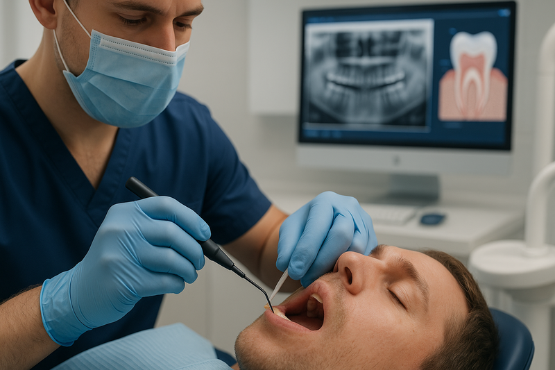 Dentist performing preventive resin restoration on a patient’s molar in a modern clinical setting with digital X-ray visible.