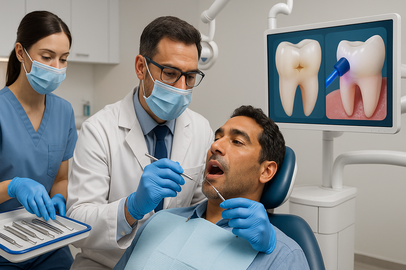 Dentist and hygienist collaboratively performing preventive restoration permanent teeth on an adult patient in a modern clinic, with digital imaging of tooth resin application displayed.