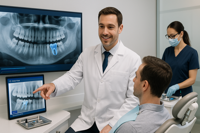 Dentist explains X-rays and preventive restoration steps in a calm, modern Marina del Rey clinic to reassure patient.