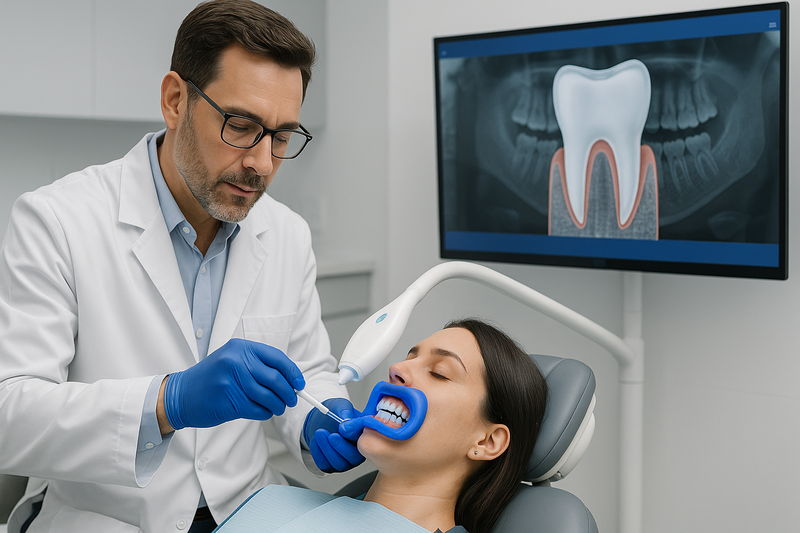 Dentist performing in-office teeth whitening with protective barriers and curing light to ensure professional teeth whitening cost value