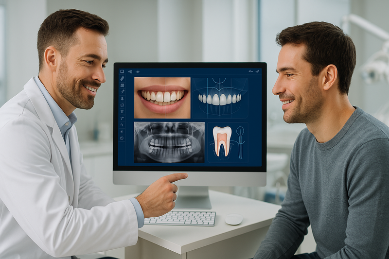 Elegant Dentistry dentist using digital smile makeover plan during consultation with patient in modern office