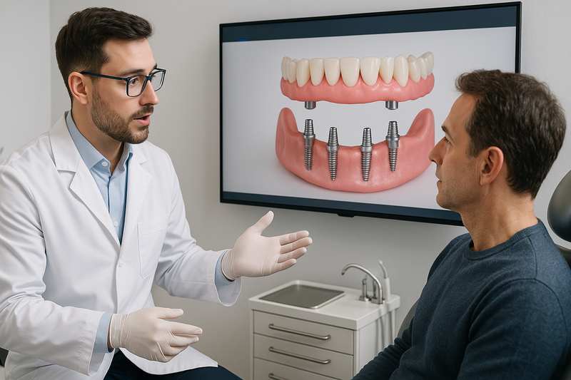 Dentist explaining all on four implant cost to a patient using a digital model of four implants supporting a full-arch bridge