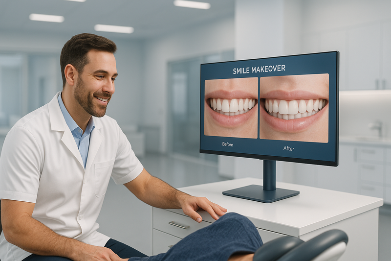Dentist in modern clinic explaining personalized smile makeover plan on digital screen with before-and-after results.