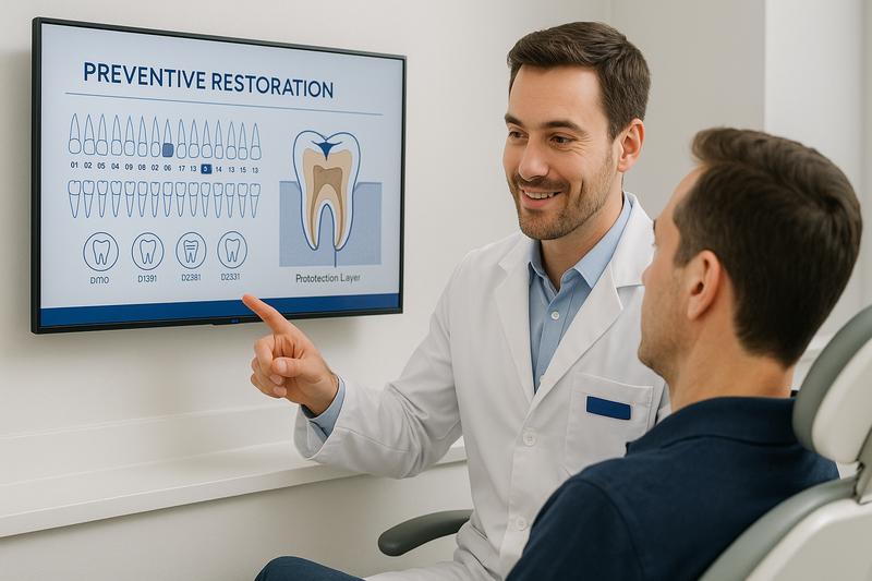 Dentist explains preventive restoration code marina del rey to patient using ADA dental chart and digital screen in bright modern clinic