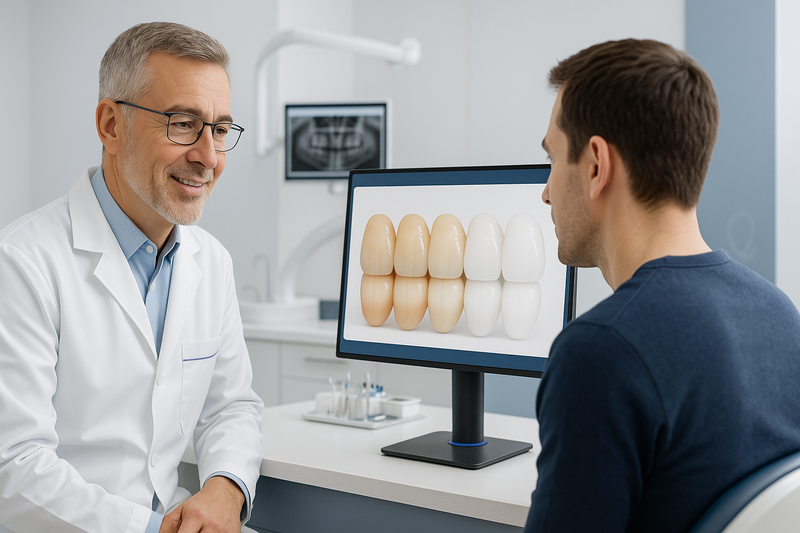 A dentist explains teeth whitening cost to an adult patient using digital shade comparisons in a bright, modern clinic.