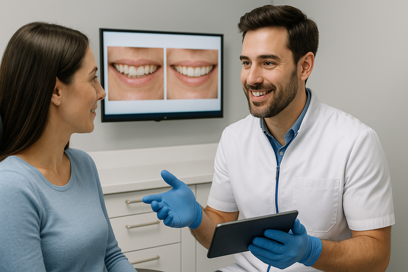 Dentist discussing cosmetic dentistry options with a patient using a digital screen displaying before-and-after smile improvements.