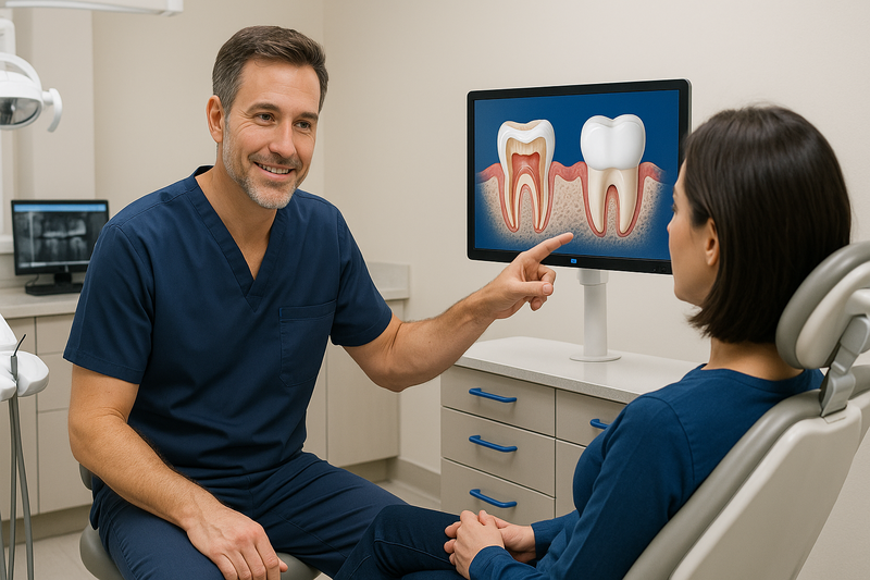 Dentist explaining resin based composite restoration benefits to a patient using a digital chairside monitor in a modern, hygienic clinic