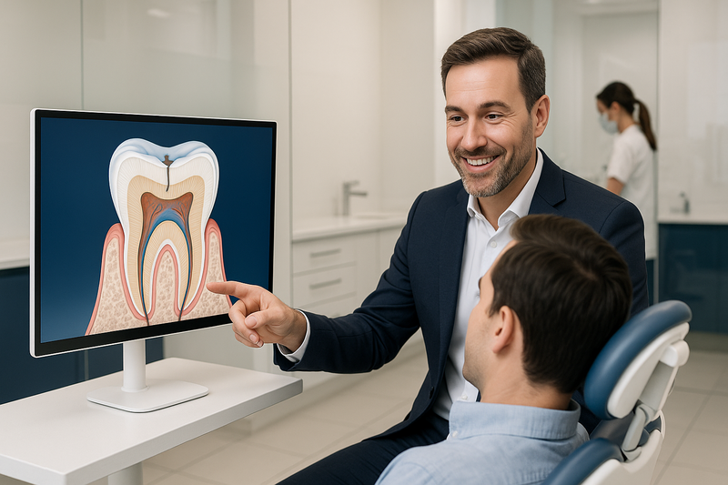 Dentist discusses preventive resin restoration with patient, showing sealed early decay on a high-definition monitor