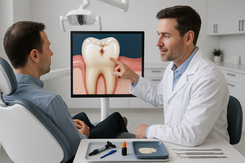Dentist explaining early tooth decay using digital screen as part of preventive resin restoration in a modern operatory