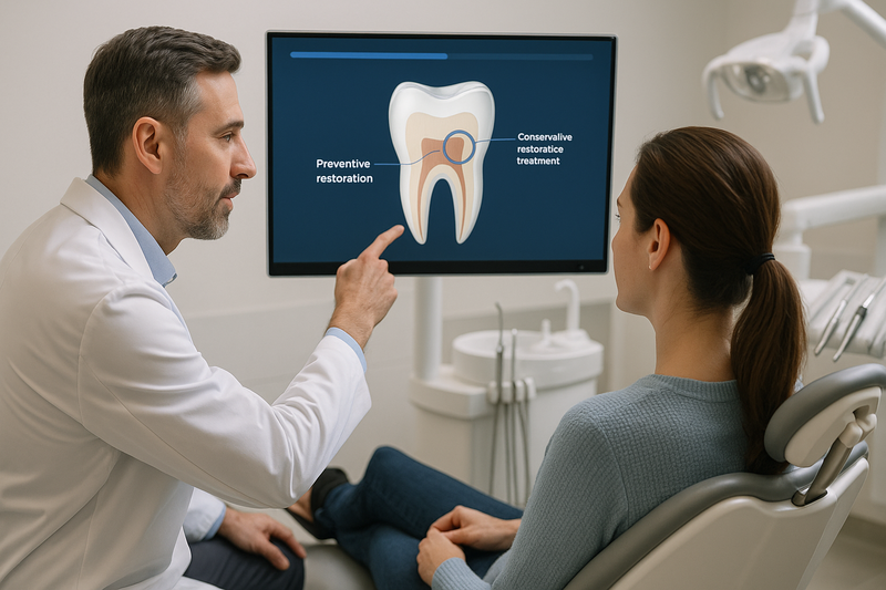 Dentist explains preventive restoration dental code to patient using annotated digital tooth diagram highlighting early decay in a modern clinic