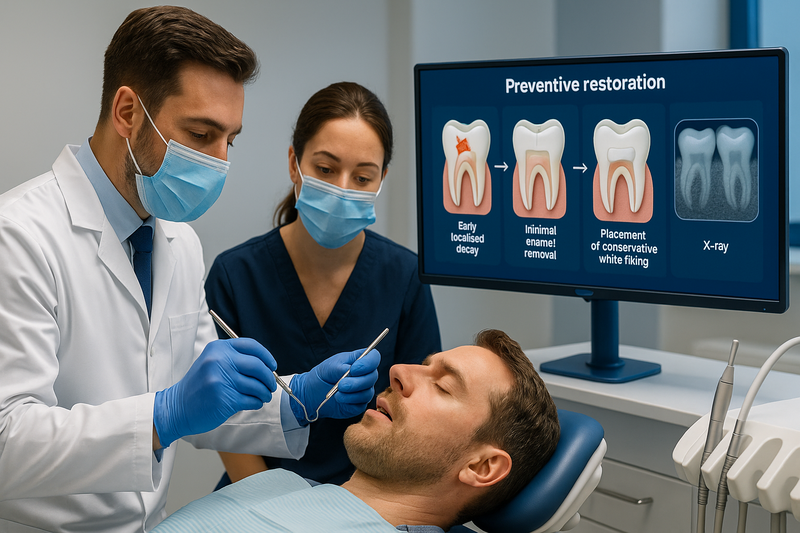 Dentist and hygienist performing a preventive restoration procedure with clinical steps shown on a monitor, illustrating the preventive restoration dental code process.