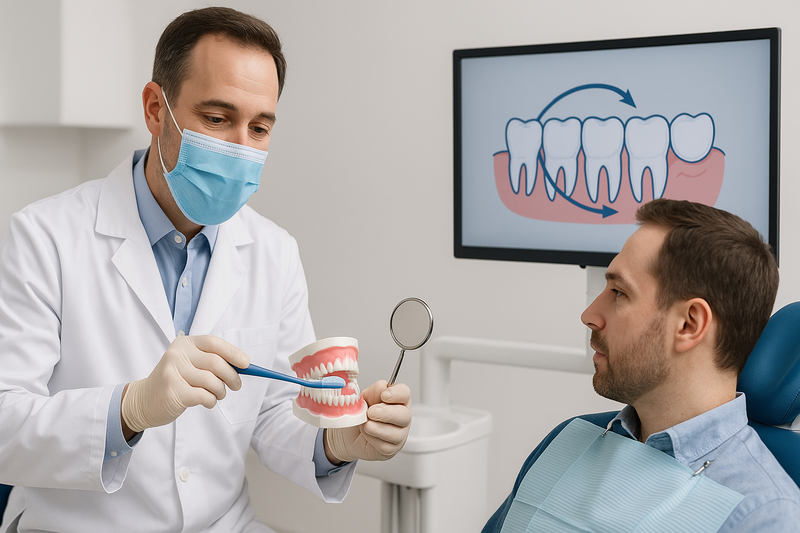 Dentist demonstrating correct brushing with best tooth whitening toothpaste to a patient in a modern clinic