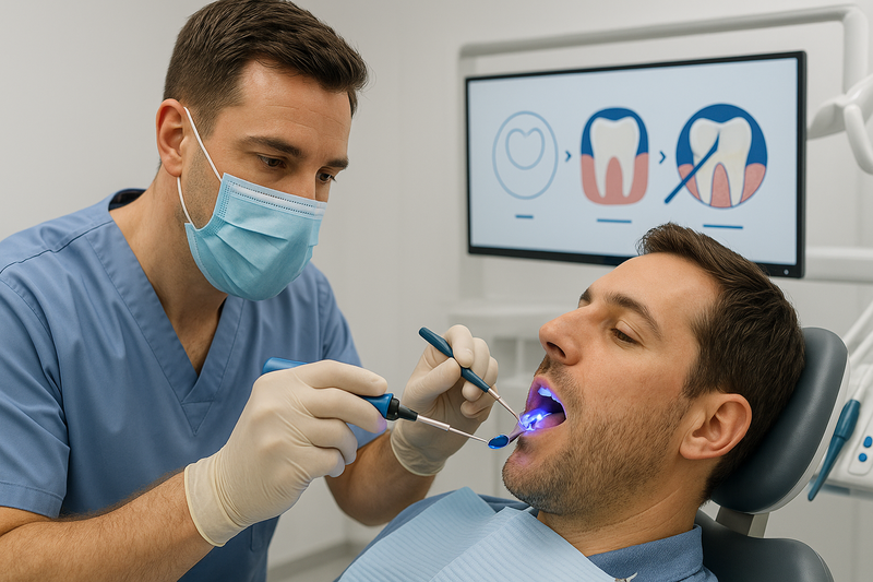 Dentist examines tooth, applies resin, and cures it using dental light in a preventive restoration process