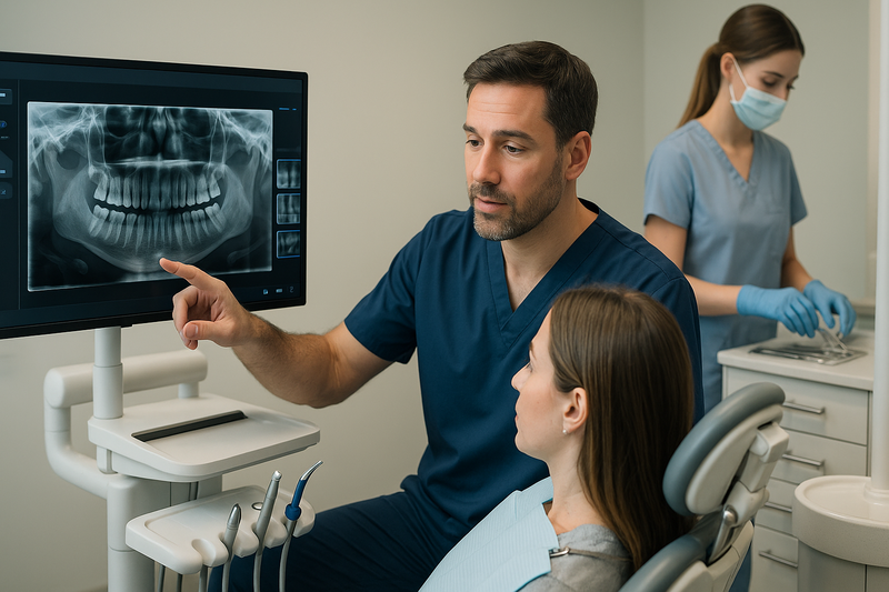 Preventive restoration dentist Marina del Rey reviewing digital dental X-rays with a patient during a gentle restorative exam