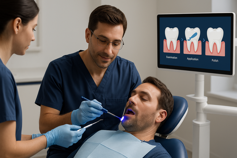 Dentist performing preventive resin restoration on a relaxed adult patient using a curing light, with step-by-step process visuals on a screen