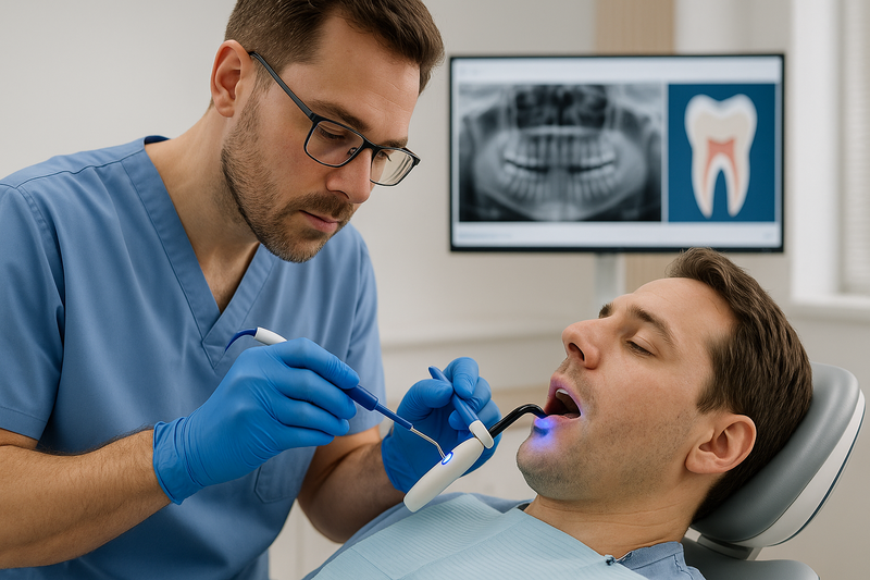Dentist applies preventive resin restoration to a patient's molar with a curing light in a modern clinic