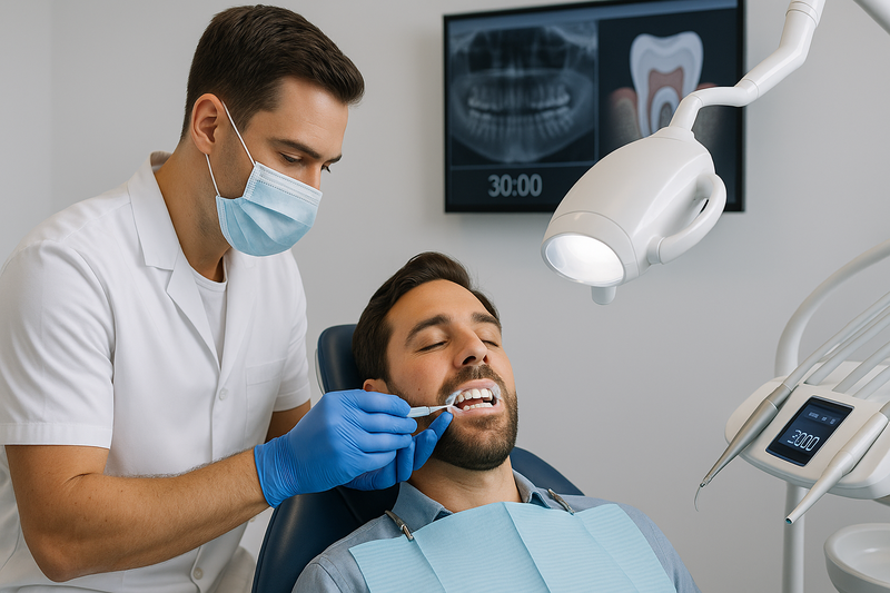 Dentist applying whitening gel and barrier during professional teeth whitening near me, using dental light and timer in modern clinic.