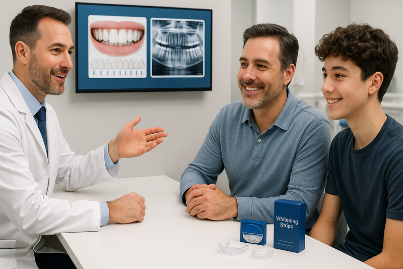 Dentist consulting patient and child about how much does professional teeth whitening cost, comparing in-office and OTC whitening options in a clean, modern clinic.