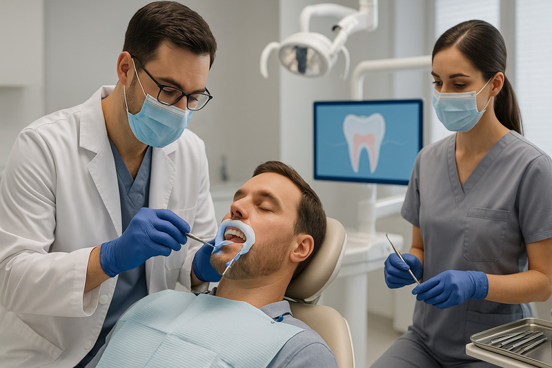 Dentist gently performing teeth whitening for sensitive teeth with protective barriers in a calm, modern clinic environment