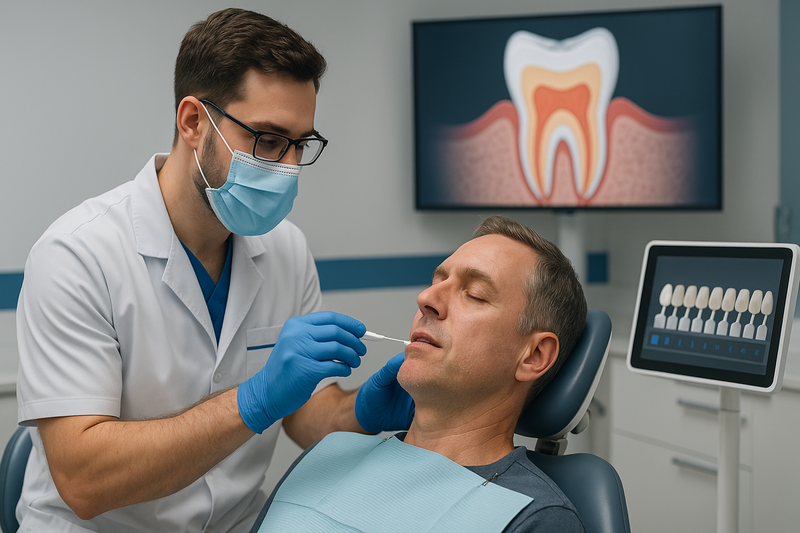 Dentist applies protective gel for best teeth whitening for sensitive teeth in a modern, calming dental clinic.