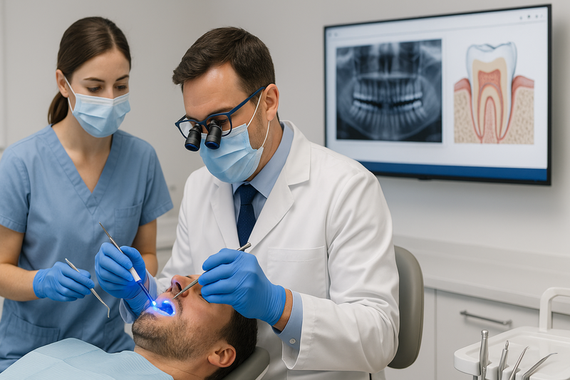 Dentist uses blue curing light to place resin based composite in clean modern clinic with digital X-ray