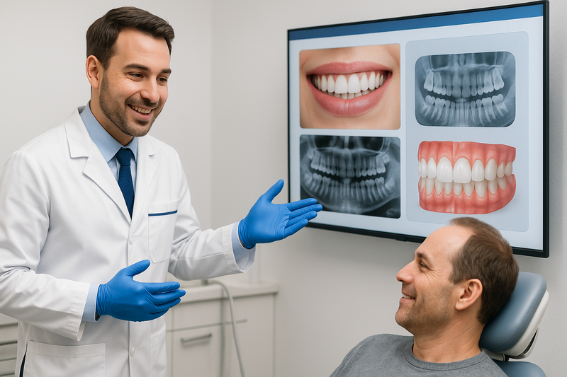 Dentist consulting with patient using digital smile design software to review step-by-step cosmetic dentistry treatment planning in a modern clinic.