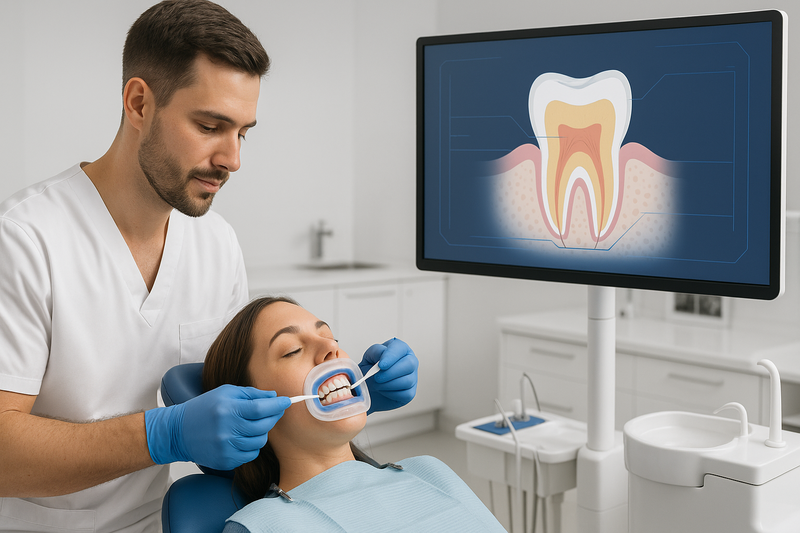 Dentist applying whitening gel while explaining how much does teeth whitening cost in a bright, professional dental clinic