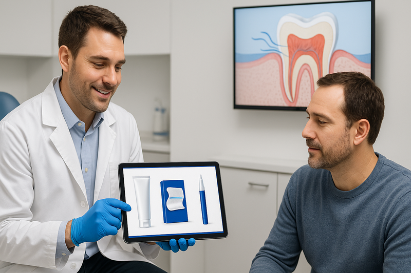 Dentist presenting best toothpaste for whitening of teeth options and comparing whitening strips and pens with a tablet in a modern consultation room