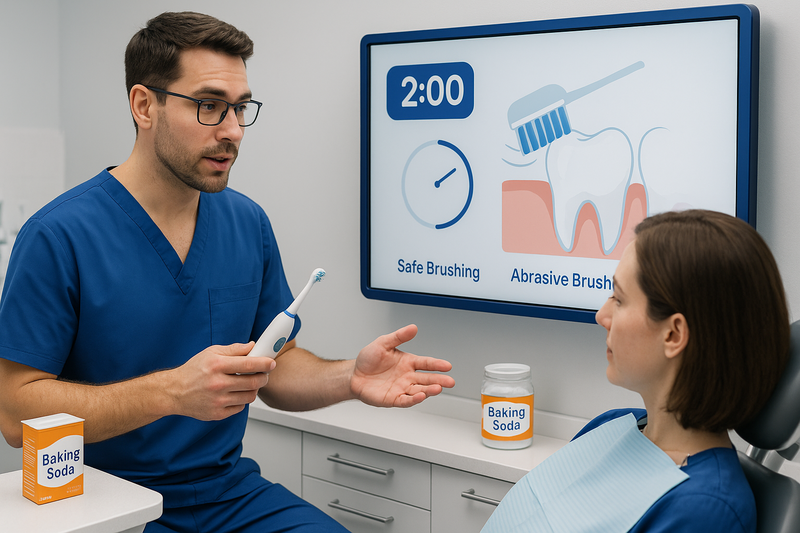 Dentist demonstrating proper brushing technique with timer for teeth whitening at home in 2 minutes