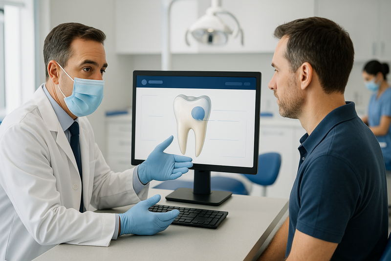 Dentist explains a preventive restoration dental code procedure to a patient using a detailed tooth diagram, highlighting early decay treatment.