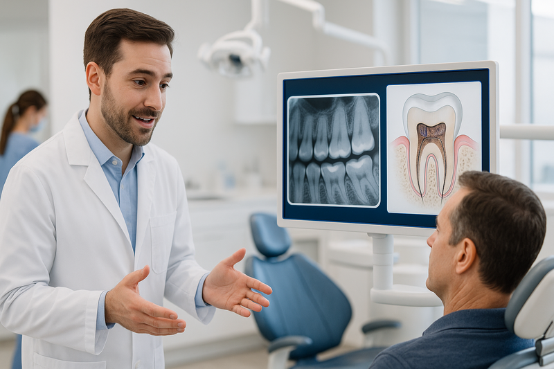 Preventive restoration dentist in Marina del Rey explaining early-stage tooth care with minimally invasive restorations to a patient