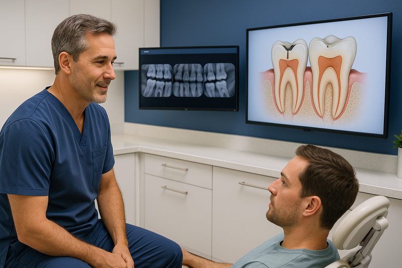 Preventive restoration dentist Marina del Rey explaining conservative dental treatments using digital imaging in a modern, calming clinic environment