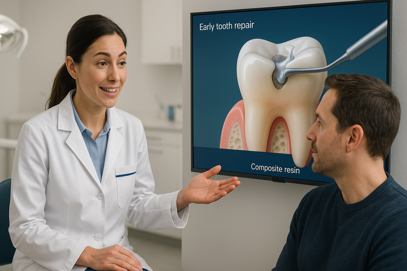 Dentist explaining preventive restoration to patient using a digital display with a molar shown being sealed to stop tooth decay