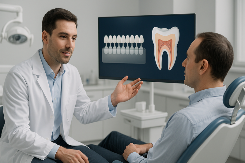 Dentist explaining teeth whitening near me options to an adult patient with digital tooth shade comparison at a modern dental clinic