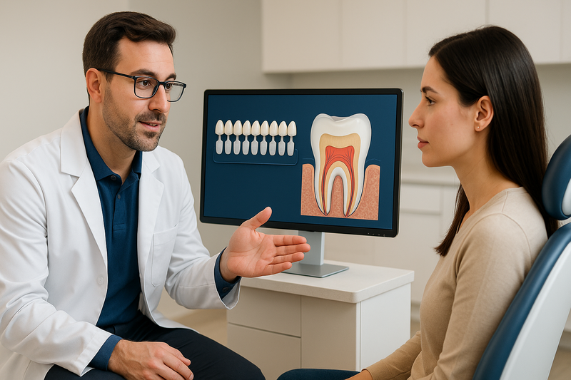 Dentist consults adult patient about professional teeth whitening near me, using digital shade guide and enamel visuals in a clean Marina del Rey office