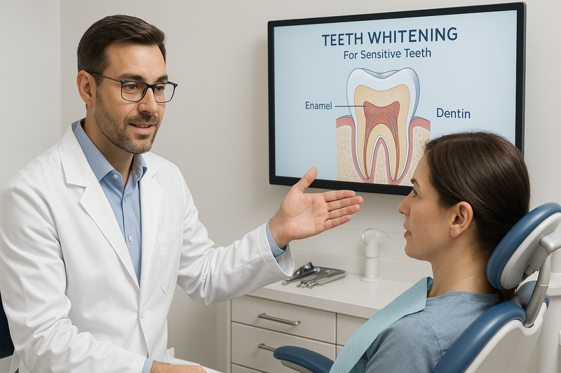 Dentist explains teeth whitening for sensitive teeth to patient using digital tooth diagram showing enamel and dentin in a calm dental office