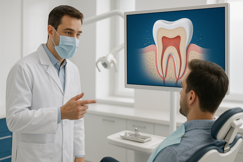Dentist discussing best toothpaste for whitening of teeth with patient using a digital enamel illustration in a modern dental clinic