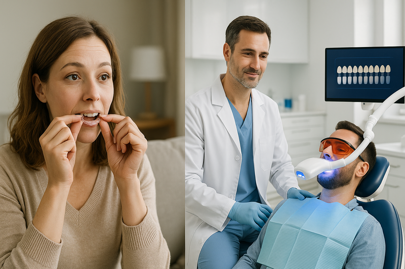 Split-scene showing at-home whitening tray on one side and dentist supervised professional teeth whitening with digital shade chart, representing how to whiten teeth at home or professionally.