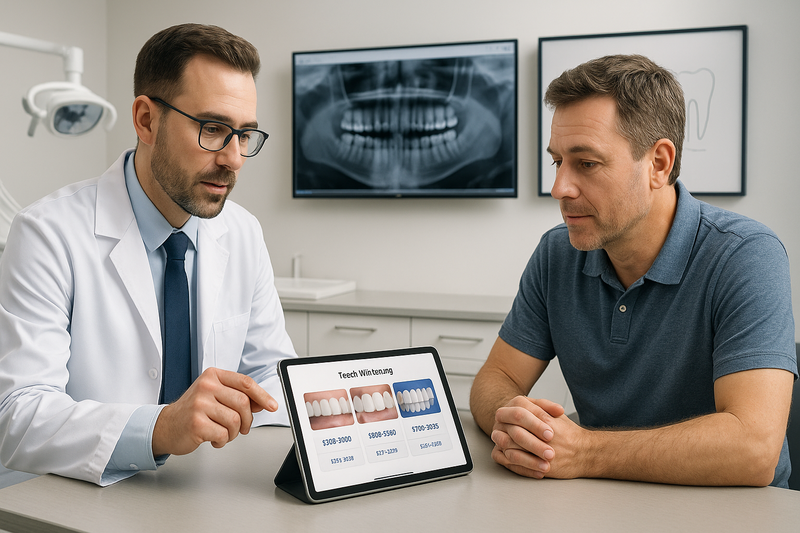 Dentist and patient reviewing how much it costs to professionally whiten teeth on a tablet showing whitening options and prices in a modern dental office