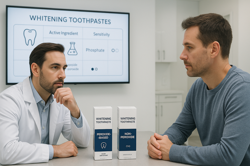 Dentist and patient reviewing best whitening toothpaste for sensitive teeth with a digital comparison chart of ingredients and sensitivity