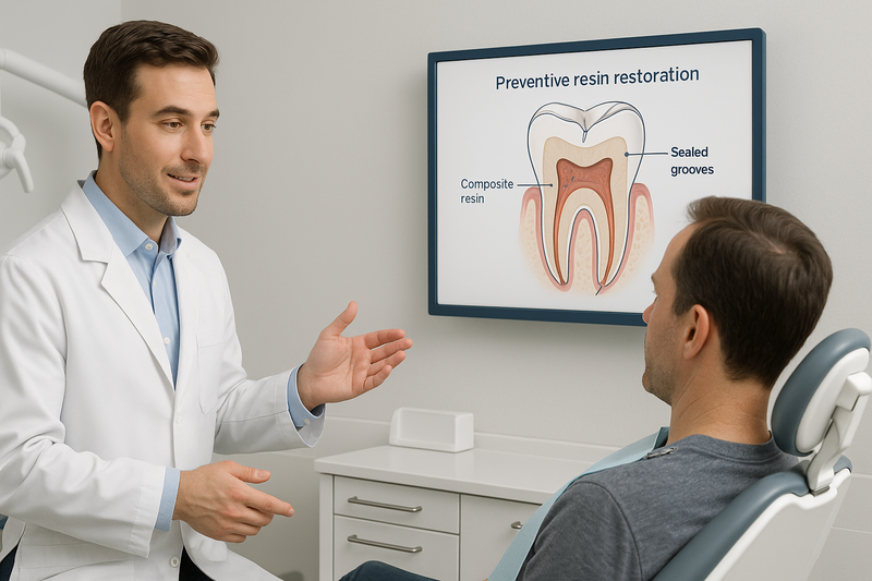 Dentist explains preventive restoration resin procedure to an adult patient using a digital display, highlighting sealed molar grooves.