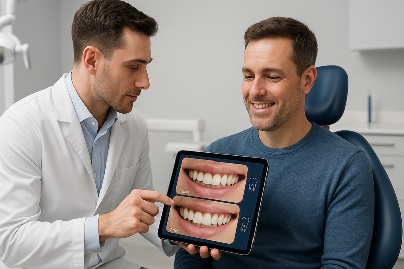 Dentist reviewing zoom teeth whitening price results with patient using a digital tablet showing before and after shades in a modern dental clinic