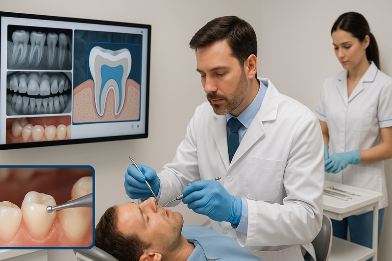 A preventive restoration dentist in Marina del Rey examines a patient, reviews digital X-rays, and precisely places a tooth-colored resin restoration step by step.