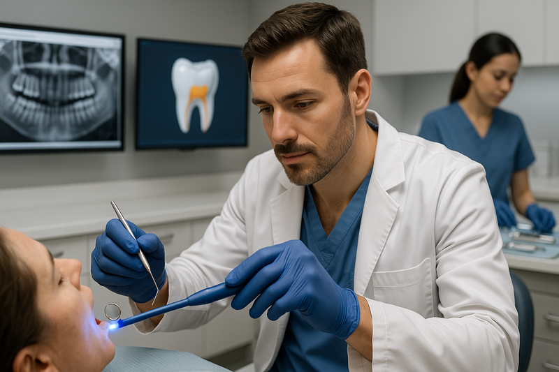 Dentist performing resin composite procedure in a modern dental operatory, applying and curing composite resin material while maintaining a sterile environment
