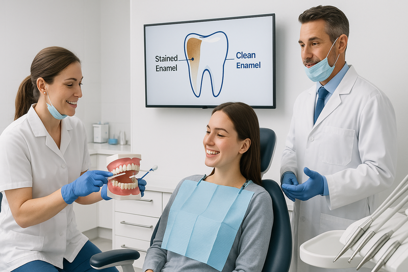 Dental hygienist demonstrating brushing and flossing as a dentist explains how to remove brown stains from teeth naturally in a bright modern clinic
