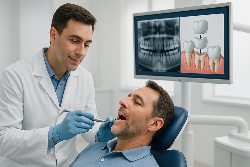 Dentist preparing a patient’s tooth for a porcelain dental crown while explaining each step, digital X-ray visible on monitor.