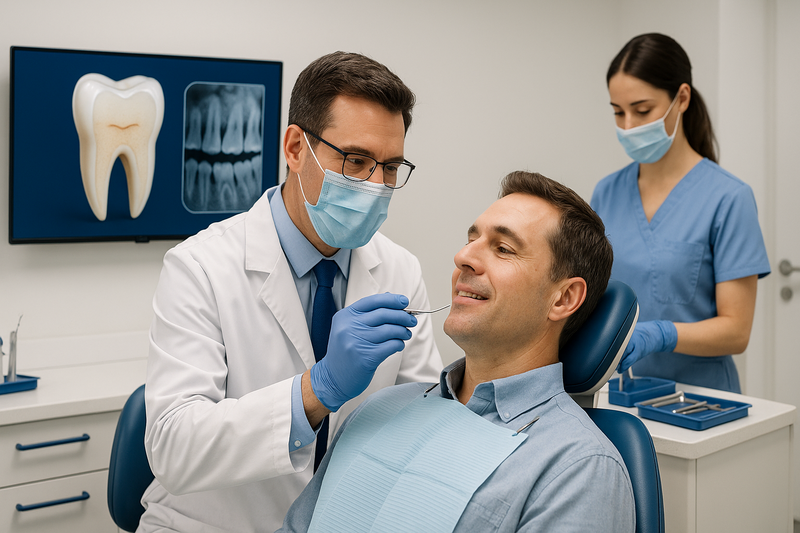 Preventive restoration dentist Marina del Rey performing early enamel exam with hygienist in a modern, calm dental office setting